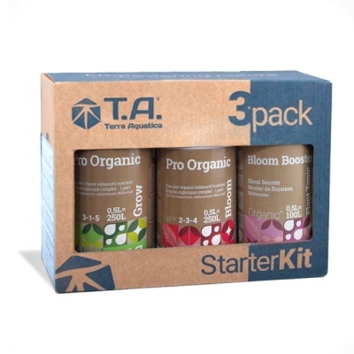 Conjunto Starter Kit nutrientes orgânicos para plantas com três frascos em caixa de cartão azul e castanho