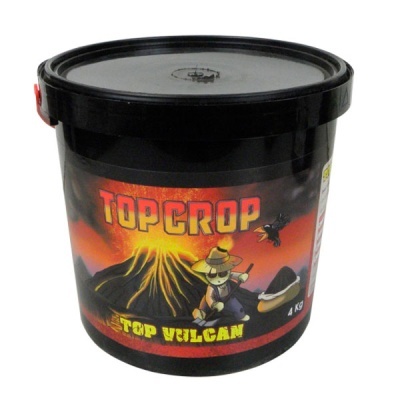Balde plástico preto com etiqueta de vulcão e texto TOP CROP e TOP VULCAN