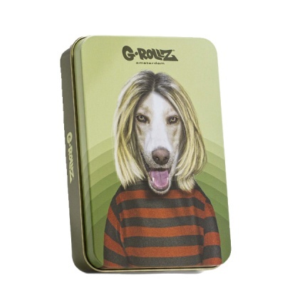 Caixa metálica com ilustração de cão e texto G-ROLLZ amsterdam