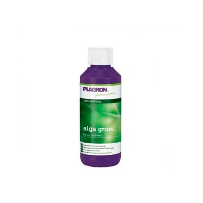 Frasco roxo de suplemento para plantas Alga Grow Plagron com rótulo verde