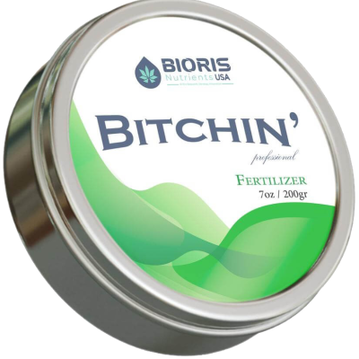 Lata de fertilizante BITCHIN da marca BIORIS Nutrients USA com design verde e branco
