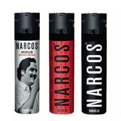 Três isqueiros Narcos coloridos com tampas pretas