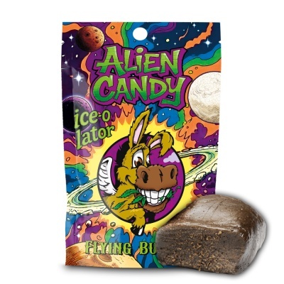 Pacote colorido de Alien Candy com ilustração de burro e pedaço castanho do produto