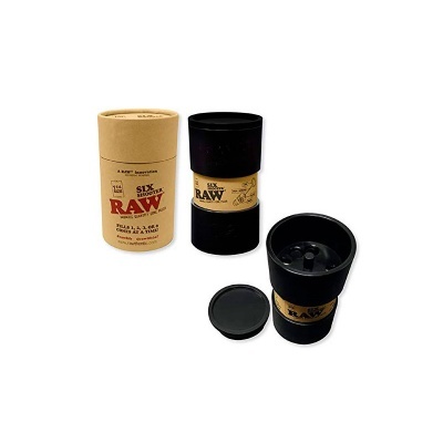 Moedores RAW para tabaco, dois fechados e um aberto, em cores preta e castanha