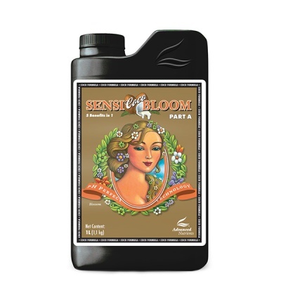 Frasco preto de produto Sensi Bloom com ilustração floral e texto