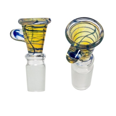Duas peças de vidro para cachimbo amarelas e azuis com base translúcida