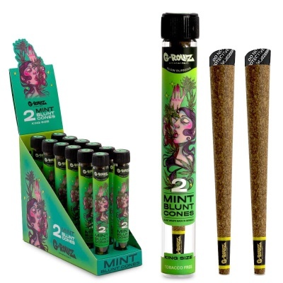 Cones blunt menta G-ROLLZ embalados em tubos verdes com ilustração feminina