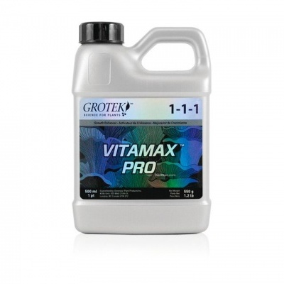 Recipiente de plástico branco VITAMAX PRO da marca GROTEK com rótulo azul e verde.