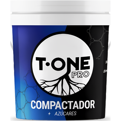 Embalagem plástica redonda preta e azul com tampa branca e texto T·ONE PRO COMPACTADOR + AZÚCARES