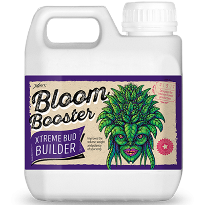 Garrafão branco com rótulo Bloom Booster Xtreme Bud Builder e ilustração verde