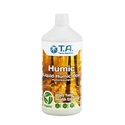 Frasco branco de Humic Liquid Humic Acid da marca T.A. Terra Aquatica com rótulo laranja e branco.