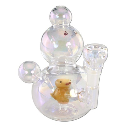 Objeto de vidro transparente com figura de boneco de neve e pato amarelo interior