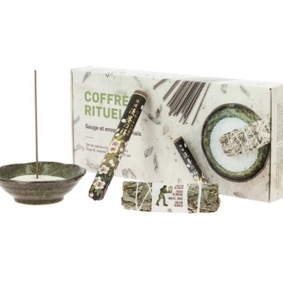 Conjunto de incenso com suporte cerâmico, sticks de incenso e salva branca em embalagem