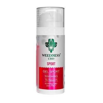 Frasco branco e rosa de gel desportivo WEEDNESS CBD com tampa transparente