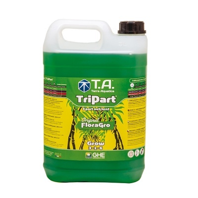 Frasco plástico verde com tampa preta e rótulo amarelo e verde da marca T.A. TriPart FloraGro