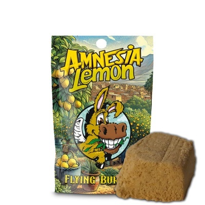 Embalagem AMNESIA LEMON com burro sorridente e cenários rurais, produto castanho à frente.