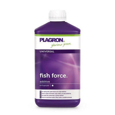 Frasco roxo de plástico com rótulo PLAGRON fish force additive.