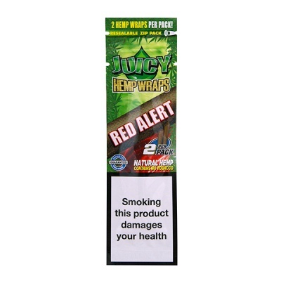 Embalagem verde de wraps de cânhamo Juicy com várias inscrições e aviso de saúde