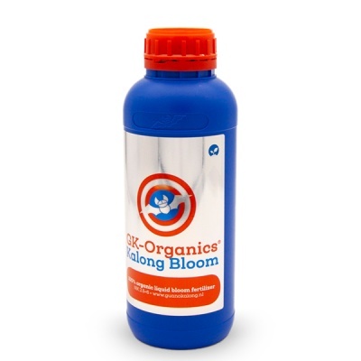 Frasco azul com tampa laranja de fertilizante líquido GK-Organics Kalong Bloom