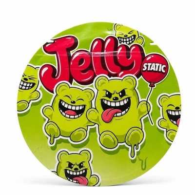 Embalagem redonda verde com desenhos de ursos amarelos e texto Jelly Static