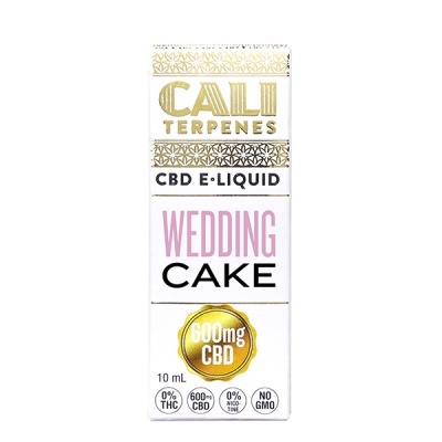 Embalagem branca e dourada de e-líquido CBD CALI TERPENES Wedding Cake 600mg