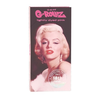 Embalagem de papel para enrolar G-ROLLZ com imagem de mulher loira e texto em rosa