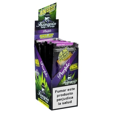 Embalagens roxas de Kingpin hemp wraps Purple em expositor com texto de aviso de saúde em espanhol