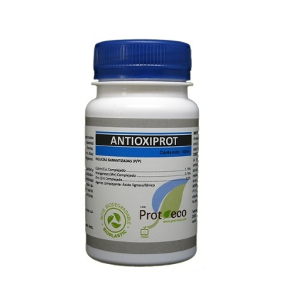 Frasco branco com tampa azul de suplemento ANTIOXIPROT com selo biodegradável