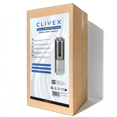 Caixa com filtro de carbono Clivex em etiqueta branca e azul.