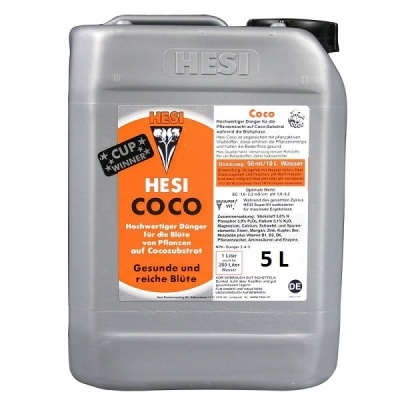 Recipiente cinzento de 5 litros com etiqueta laranja HESI COCO para adubo de plantas