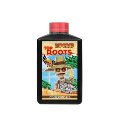 Frasco preto com tampa vermelha e rótulo colorido com personagem e texto TOP CROP ROOTS