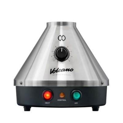vaporizador Volcano em metal cinza e preto com botões iluminados e controlo de temperatura