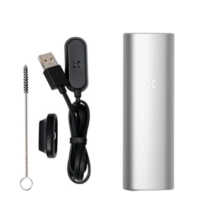 Power bank prateado, cabo USB preto, escova pequena e suporte preto