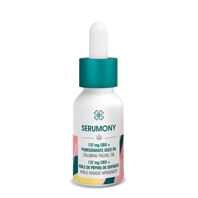 Frasco branco com conta-gotas verde e branco de óleo facial calmante SERUMONY