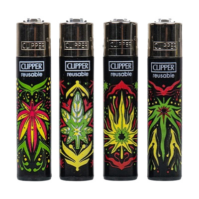 Quatro isqueiros Clipper reutilizáveis com desenhos coloridos de folhas sobre fundo preto