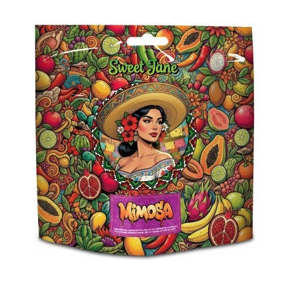 Embalagem colorida com ilustração de mulher e frutas, texto Sweet Jane e MIMOSA
