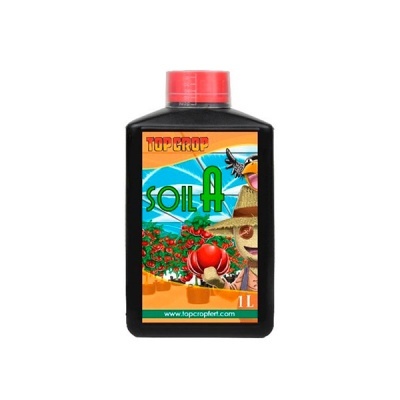 Frasco preto de 1L com tampa vermelha e etiqueta colorida do produto Top Crop Soil A.