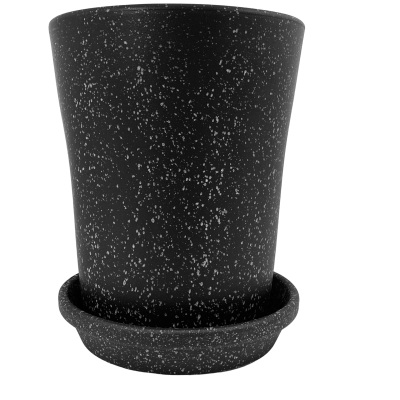 Vaso de plantas preto com padrão salpicado branco e prato correspondente