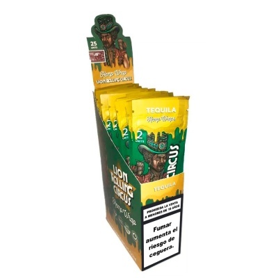 Pacotes Lion Rolling Circus Hemp Wraps tequilas com aviso de saúde em castelhano