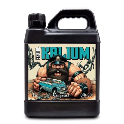 Recipiente preto com rótulo ilustrado e texto BRUTAL KALIUM