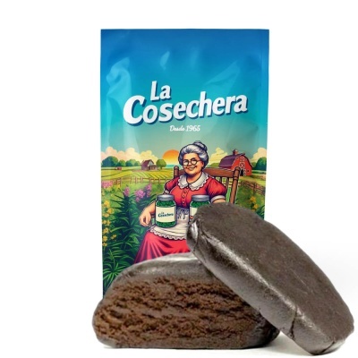 Pacote azul La Cosechera com dois pastéis de chocolate.