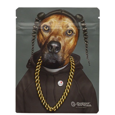 Saco plástico preto com impressão de cão vestido como rapper e logo G-ROLLZ