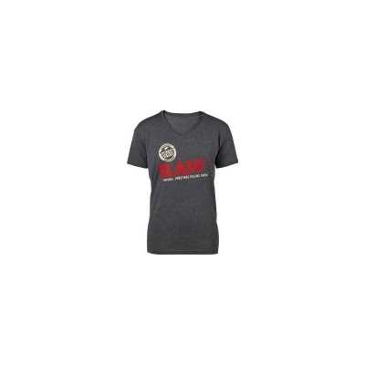 T-shirt cinzenta escura com gola em V e texto vermelho e branco