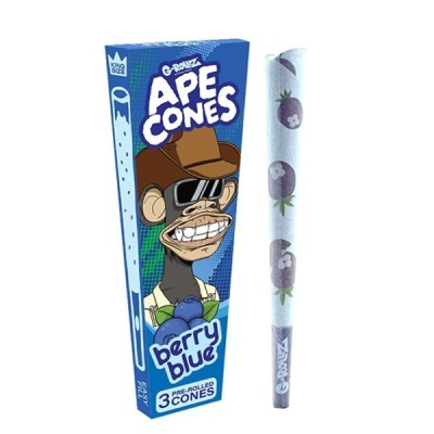 Caixa azul de cones pré-enrolados G-Rollz Ape Cones King Size com macaco em chapéu e cone decorado com mirtilos