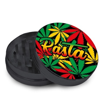 Moinho preto com tampa colorida decorada com folhas e texto Rasta