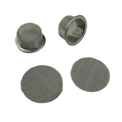 Filtros redondos em metal cinzento com tampas em forma de cúpula e redes planas