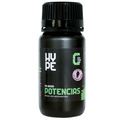 Frasco preto com tampa preta e rótulo preto com texto verde e branco de fertilizante com aminoácidos