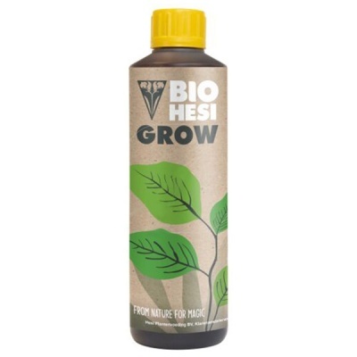 Embalagem de produto líquido para plantas com rótulo de folhas verdes e texto BIO HESI GROW.