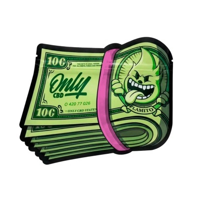 Pacote de folhas Only CBD com design de notas verdes e faixa rosa