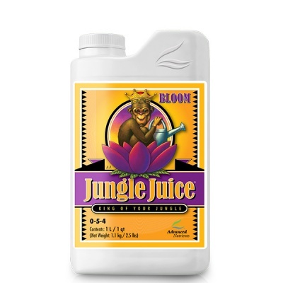 Frasco branco com etiqueta colorida de Jungle Juice Bloom com imagem de macaco e informações do produto.